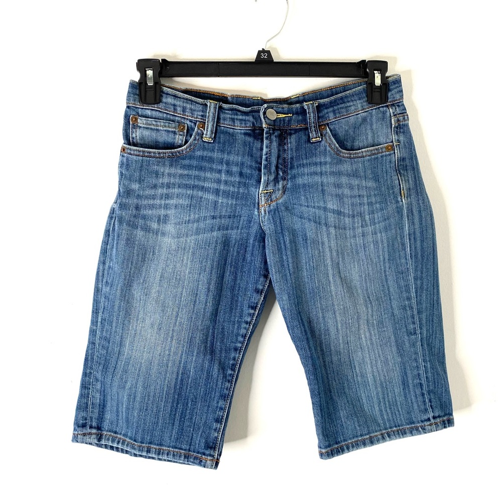 Lucky Brand Easy Rider Bermuda Jean Shorts Mid Rise Stretch Denim Whiskered